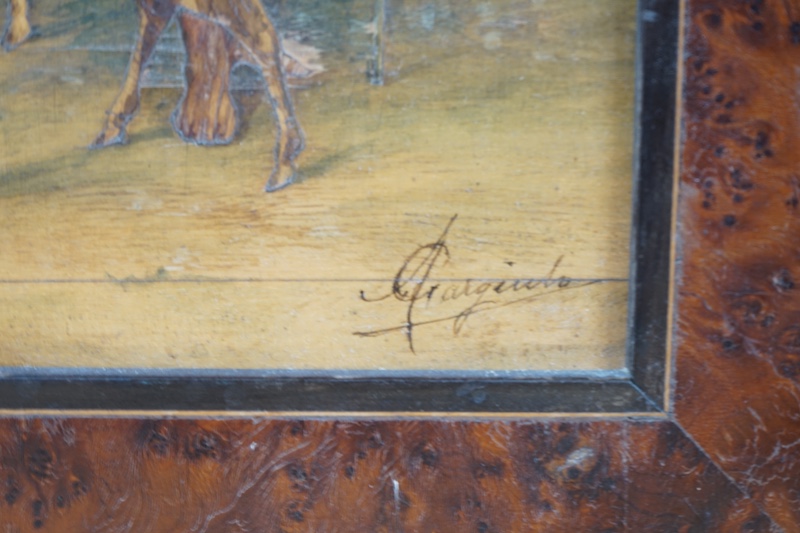 An Italian burr walnut framed, parquetry panel of a girl carrying a basket of fruit surrounded by a goat and sheep, signed. 14cm wide, 36.5cm high excl. frame. Condition - worn in places